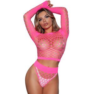 Diamond Net Long Sleeve Crop Top and Booty Shorts Set Hot Pink